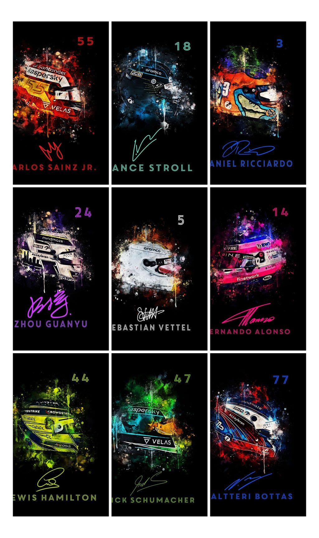 Poster Formula 1 Helmet Watercolor Racer Name Signature Race Number · Decor Print Unframed